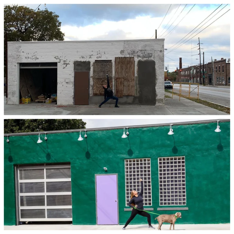 A before and after of the studio: a derelict white block building, and the same building painted green with a purple door