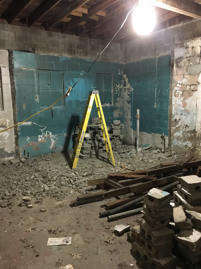 The inside of the building stripped back to block walls and joists during the renovation