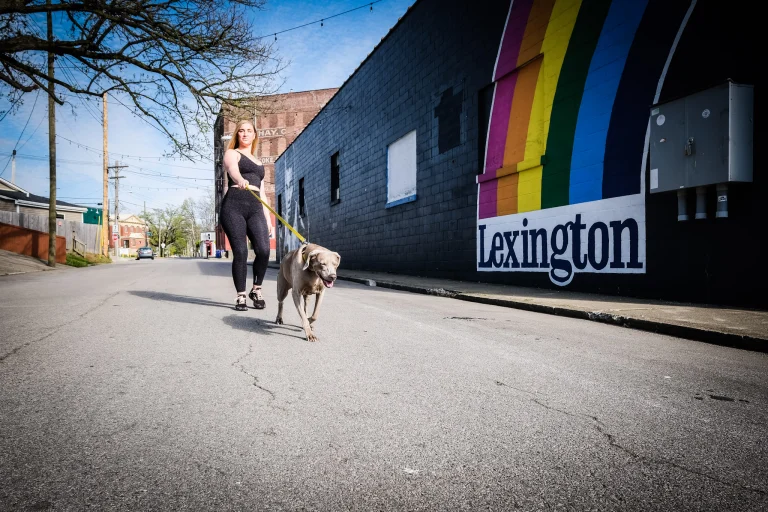 Ivy walking her grey Weimaraner down the alley beside the studio, past a rainbow mural reading Lexington