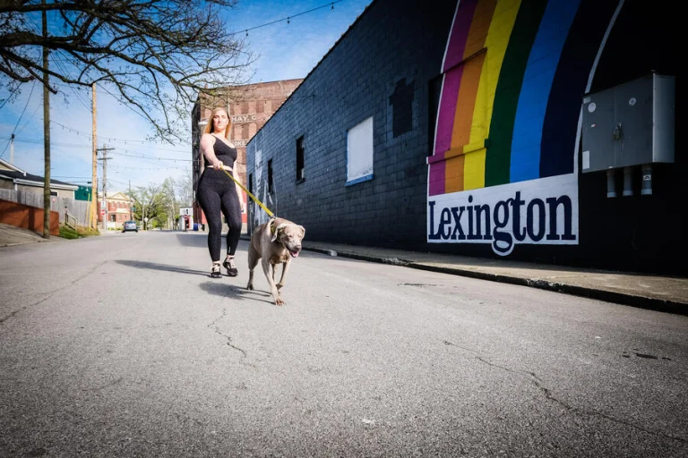 Ivy walking her grey Weimaraner down the alley beside the studio, past a rainbow mural reading Lexington