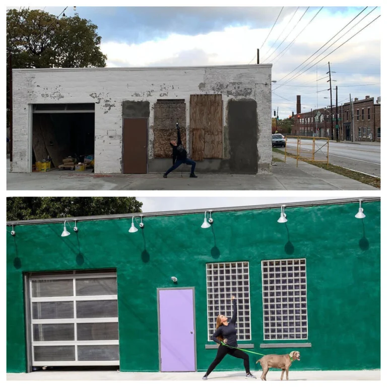 A before and after of the studio: a derelict white block building, and the same building painted green with a purple door